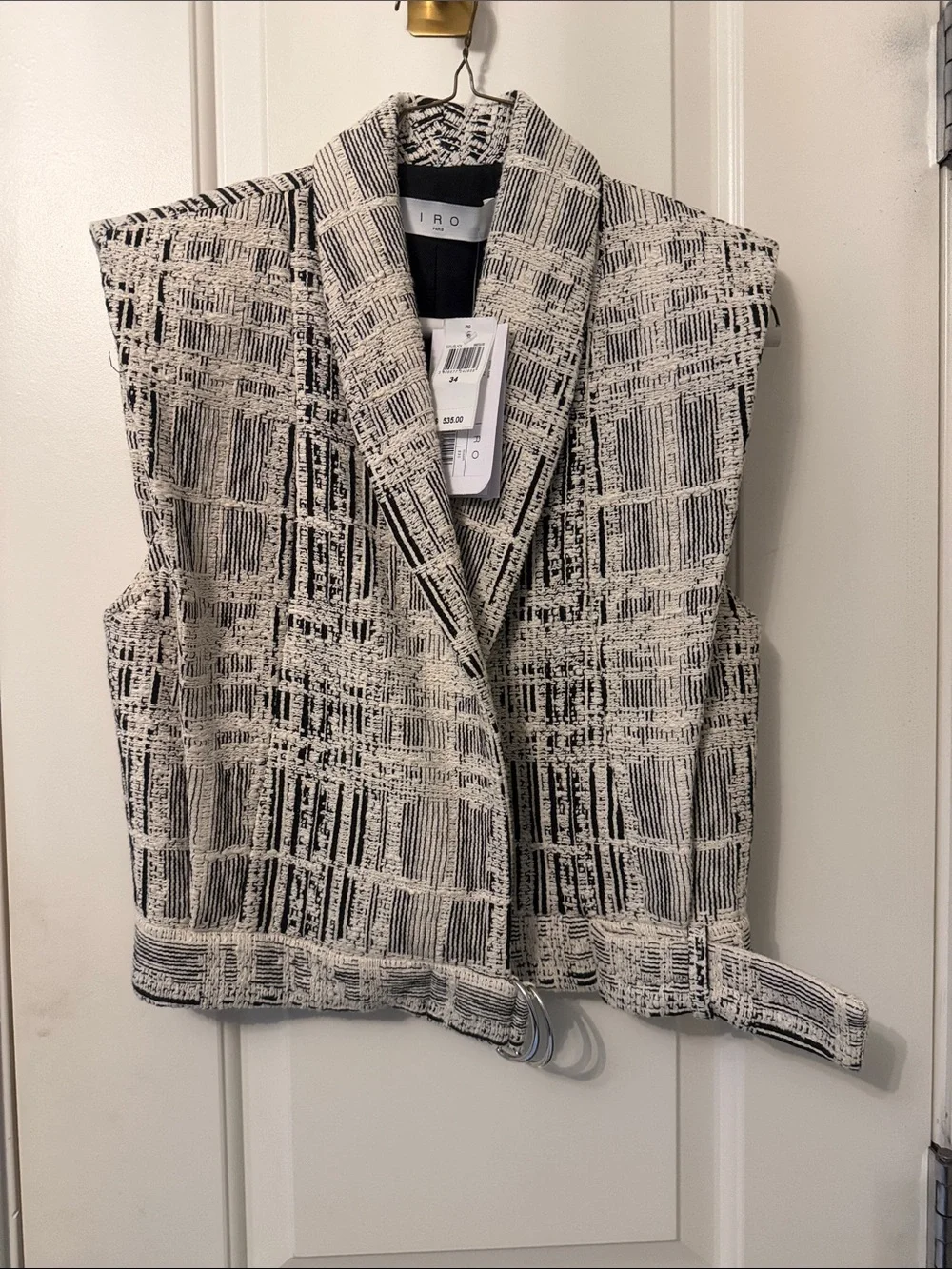 IRO Black and Cream Textured Sleeveless Blazer Vest with Belt
